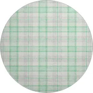 Photo of 8' Aqua Ivory And Green Plaid Washable Round Rug With UV Protection