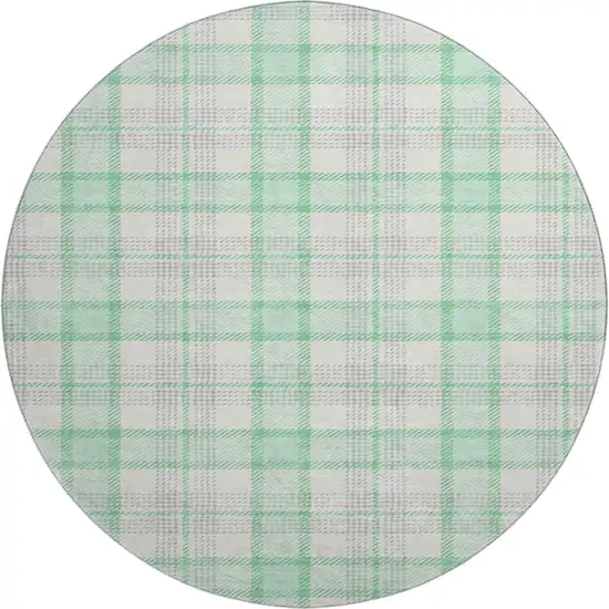 8' Aqua Ivory And Green Plaid Washable Round Rug With UV Protection Photo 1