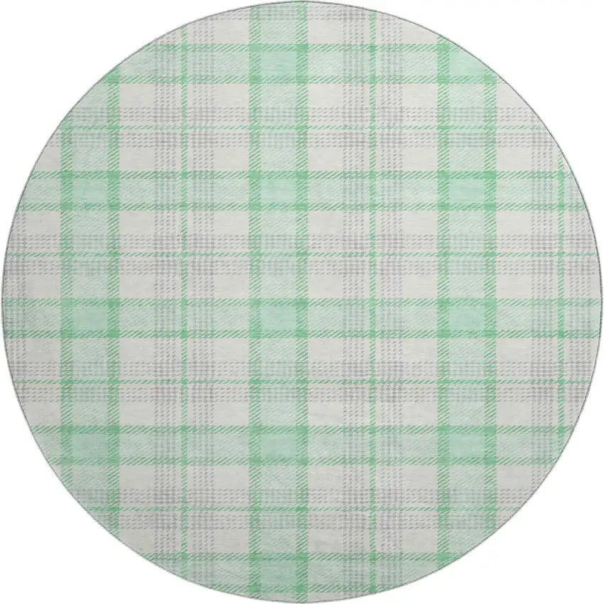 8' Aqua Ivory And Green Plaid Washable Round Rug With UV Protection Photo 1