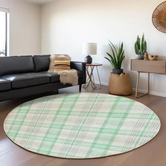 8' Aqua Ivory And Green Plaid Washable Round Rug With UV Protection Photo 4