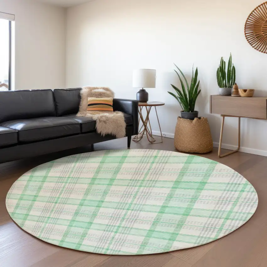 8' Aqua Ivory And Green Plaid Washable Round Rug With UV Protection Photo 4