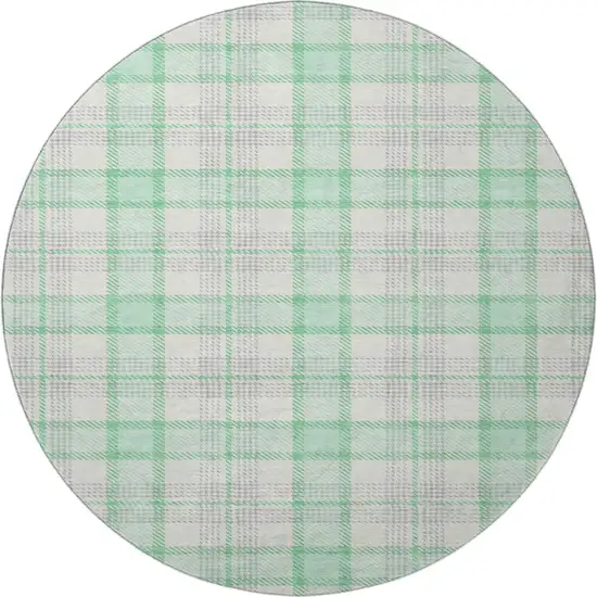 8' Aqua Ivory And Green Plaid Washable Round Rug With UV Protection Photo 3