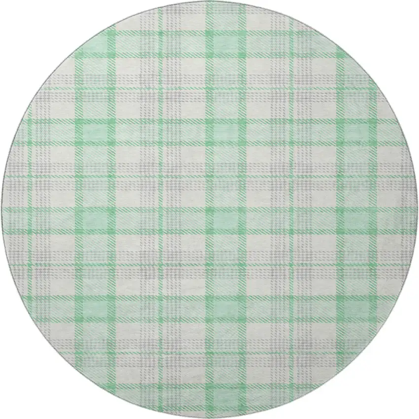 8' Aqua Ivory And Green Plaid Washable Round Rug With UV Protection Photo 3