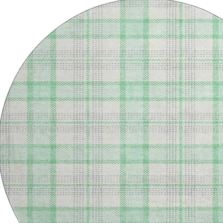 8' Aqua Ivory And Green Plaid Washable Round Rug With UV Protection Photo 2