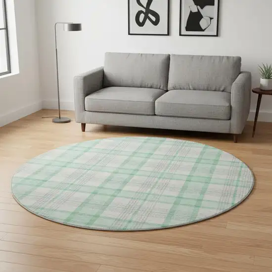 8' Aqua Ivory And Green Plaid Washable Round Rug With UV Protection Photo 2
