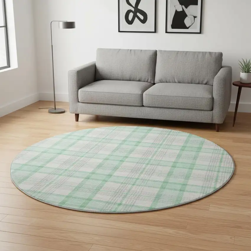 8' Aqua Ivory And Green Plaid Washable Round Rug With UV Protection Photo 2