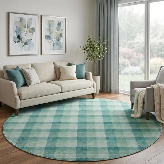 8' Aqua Ivory And Green Plaid Washable Round Rug With UV Protection Photo 1