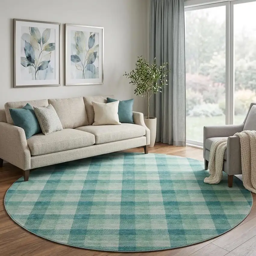 8' Aqua Ivory And Green Plaid Washable Round Rug With UV Protection Photo 1