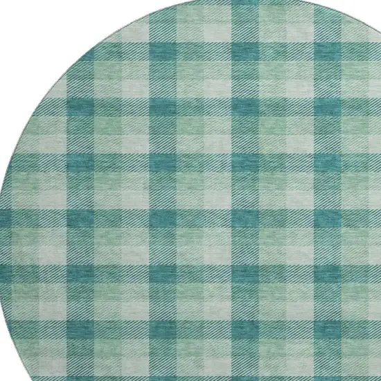 8' Aqua Ivory And Green Plaid Washable Round Rug With UV Protection Photo 2