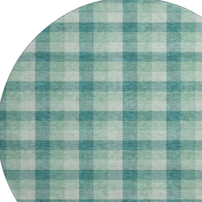 8' Aqua Ivory And Green Plaid Washable Round Rug With UV Protection Photo 2