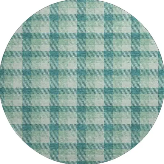 8' Aqua Ivory And Green Plaid Washable Round Rug With UV Protection Photo 3