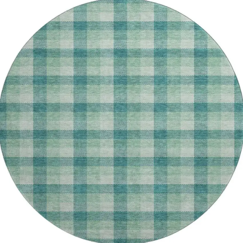 8' Aqua Ivory And Green Plaid Washable Round Rug With UV Protection Photo 3