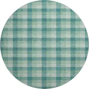 Photo of 8' Aqua Ivory And Green Plaid Washable Round Rug With UV Protection