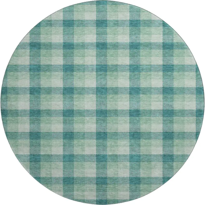 8' Aqua Ivory And Green Plaid Washable Round Rug With UV Protection Photo 1