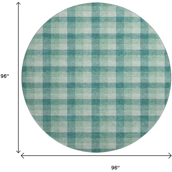 8' Aqua Ivory And Green Plaid Washable Round Rug With UV Protection Photo 9