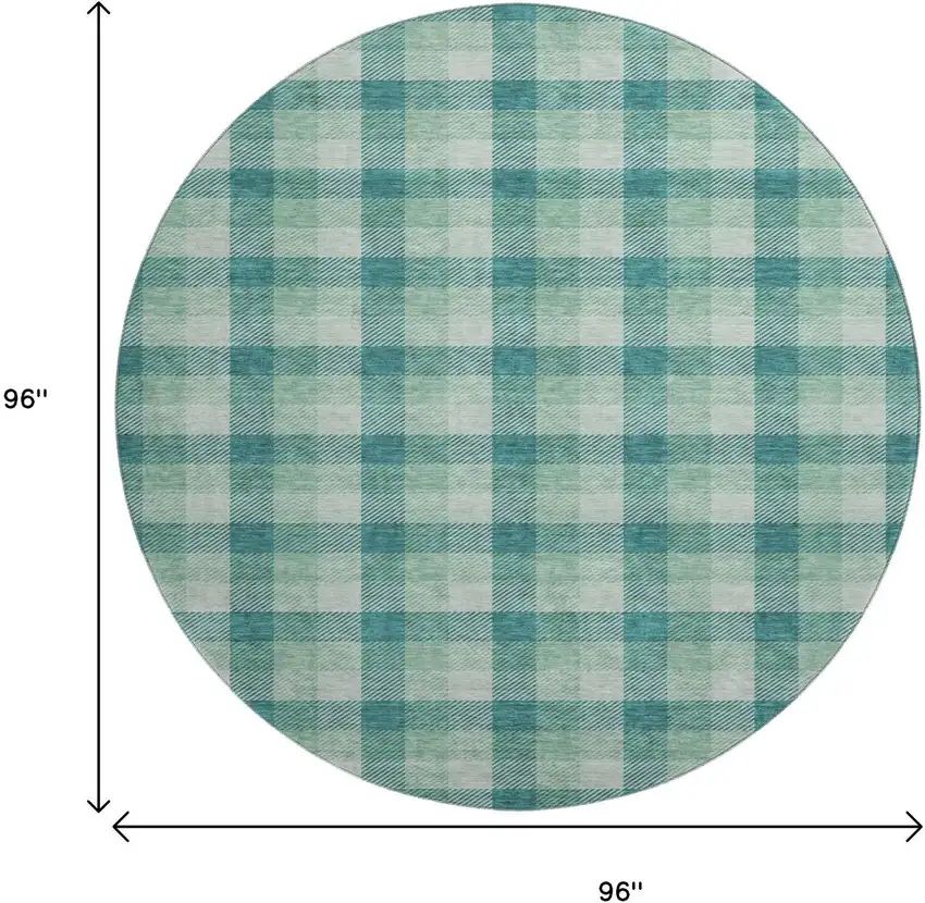8' Aqua Ivory And Green Plaid Washable Round Rug With UV Protection Photo 9