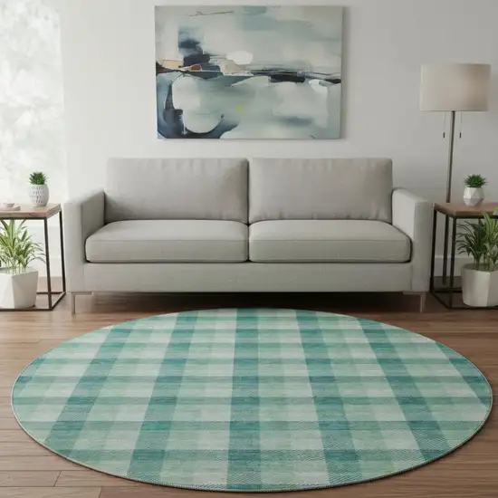8' Aqua Ivory And Green Plaid Washable Round Rug With UV Protection Photo 2