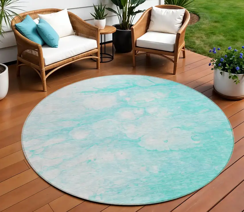 8' Aqua Ivory And Teal Blue Round Abstract Washable Indoor Outdoor Area Rug Photo 1