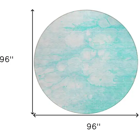 8' Aqua Ivory And Teal Blue Round Abstract Washable Indoor Outdoor Area Rug Photo 6