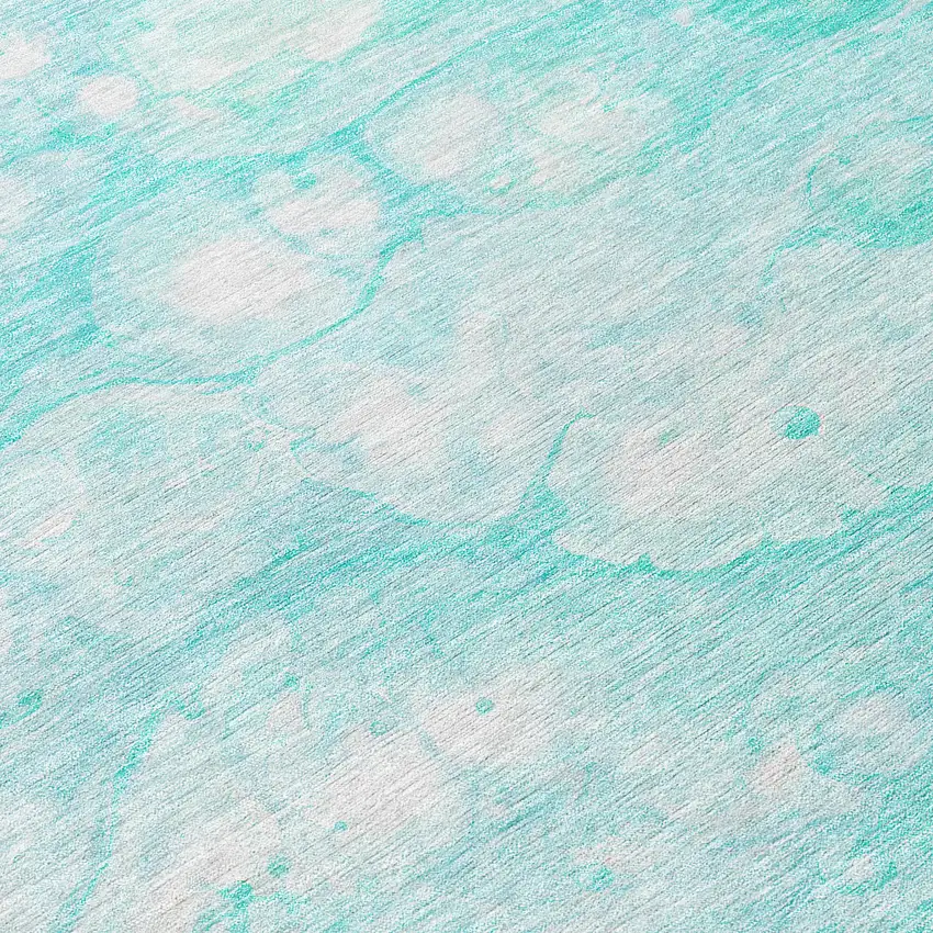 8' Aqua Ivory And Teal Blue Round Abstract Washable Indoor Outdoor Area Rug Photo 7