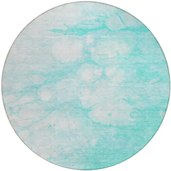 8' Aqua Ivory And Teal Blue Round Abstract Washable Indoor Outdoor Area Rug Photo 2