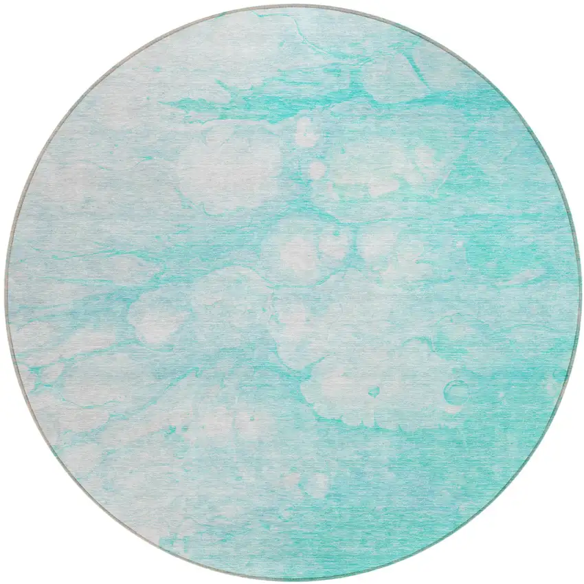 8' Aqua Ivory And Teal Blue Round Abstract Washable Indoor Outdoor Area Rug Photo 2