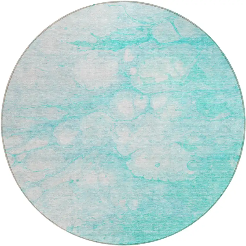 8' Aqua Ivory And Teal Blue Round Abstract Washable Indoor Outdoor Area Rug Photo 2