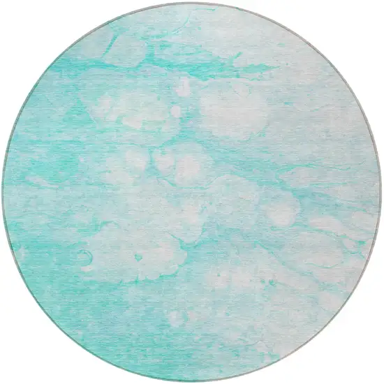 8' Aqua Ivory And Teal Blue Round Abstract Washable Indoor Outdoor Area Rug Photo 3