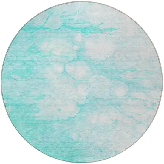 8' Aqua Ivory And Teal Blue Round Abstract Washable Indoor Outdoor Area Rug Photo 3