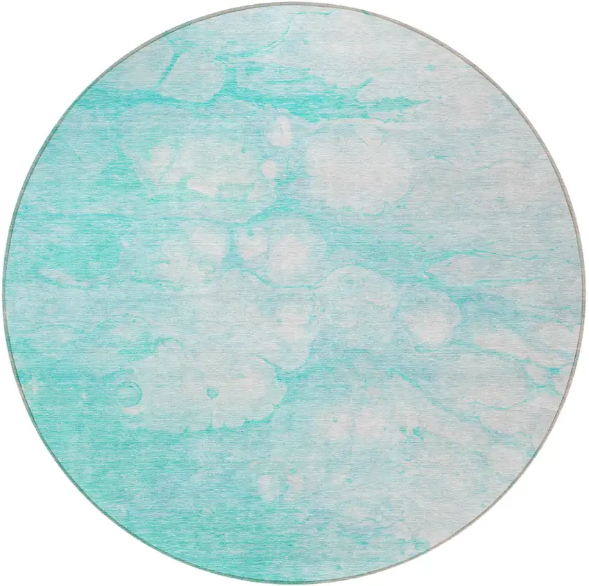 8' Aqua Ivory And Teal Blue Round Abstract Washable Indoor Outdoor Area Rug Photo 3