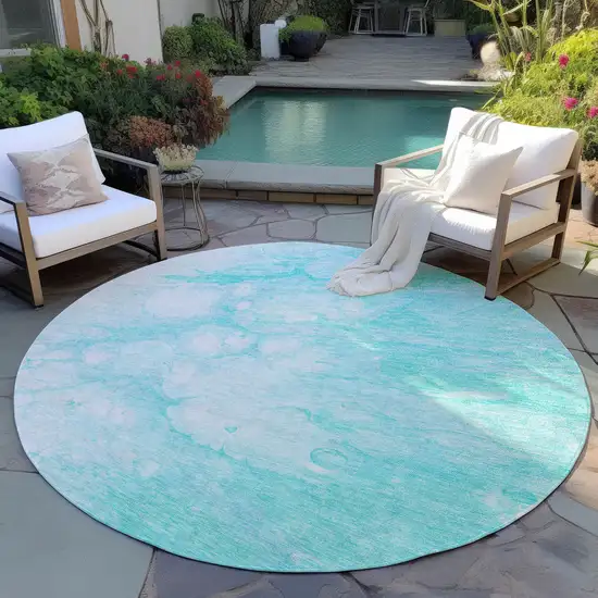 8' Aqua Ivory And Teal Blue Round Abstract Washable Indoor Outdoor Area Rug Photo 4