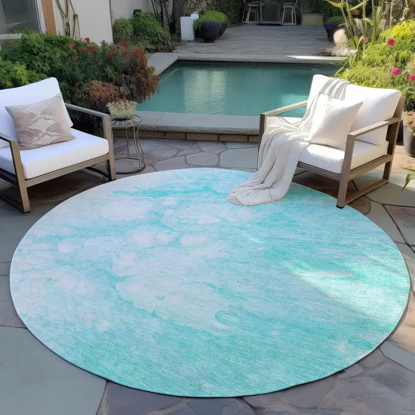 8' Aqua Ivory And Teal Blue Round Abstract Washable Indoor Outdoor Area Rug Photo 4