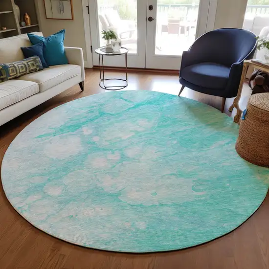 8' Aqua Ivory And Teal Blue Round Abstract Washable Indoor Outdoor Area Rug Photo 5