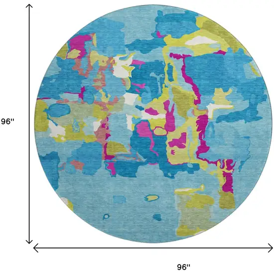 8' Aqua Lime Green And Pink Abstract Washable Round Rug With UV Protection Photo 8