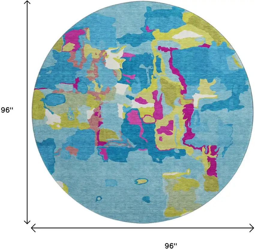 8' Aqua Lime Green And Pink Abstract Washable Round Rug With UV Protection Photo 8