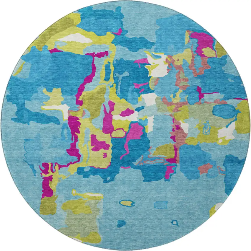 8' Aqua Lime Green And Pink Abstract Washable Round Rug With UV Protection Photo 2