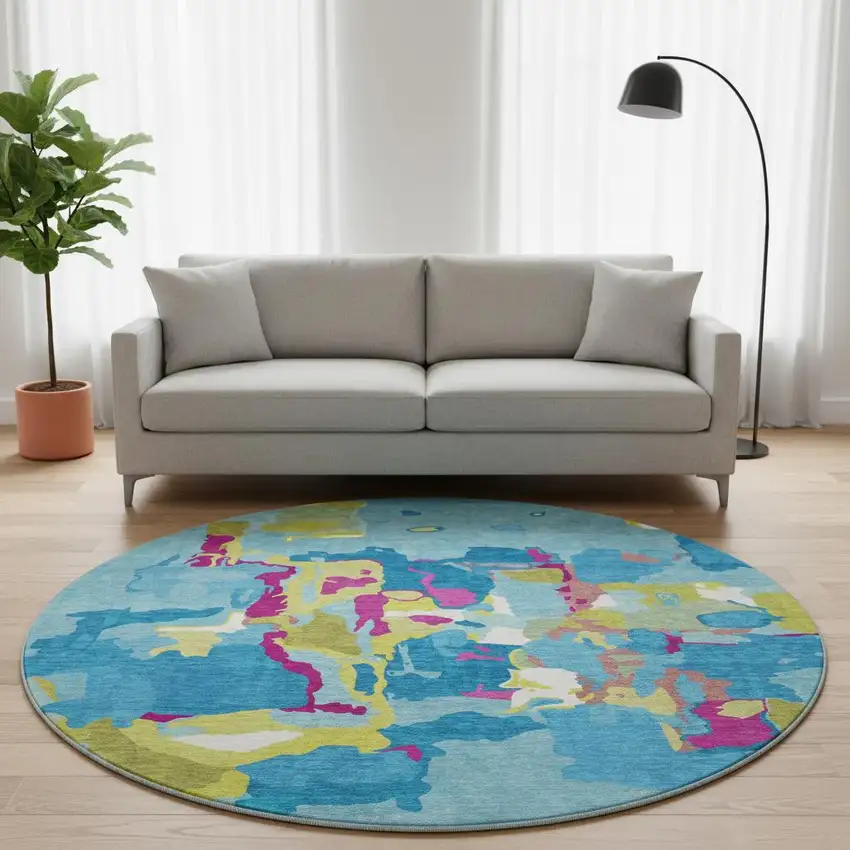 8' Aqua Lime Green And Pink Abstract Washable Round Rug With UV Protection Photo 2