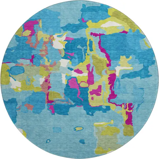 8' Aqua Lime Green And Pink Abstract Washable Round Rug With UV Protection Photo 1