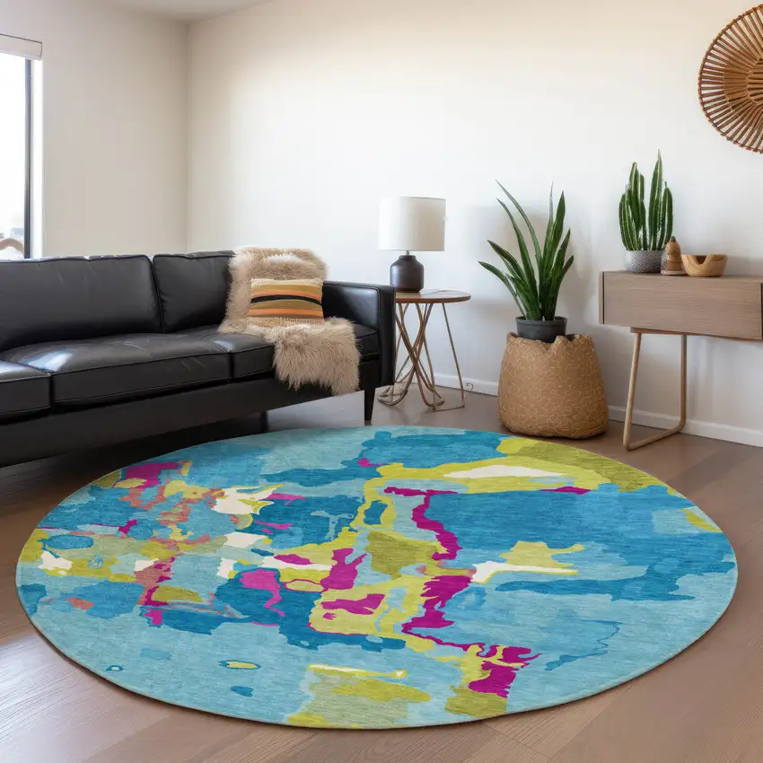 8' Aqua Lime Green And Pink Abstract Washable Round Rug With UV Protection Photo 3