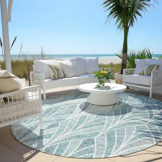8' Aqua Mint Green And Silver Round Geometric Washable Indoor Outdoor Area Rug Photo 7