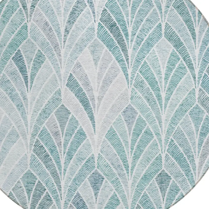 8' Aqua Mint Green And Silver Round Geometric Washable Indoor Outdoor Area Rug Photo 5