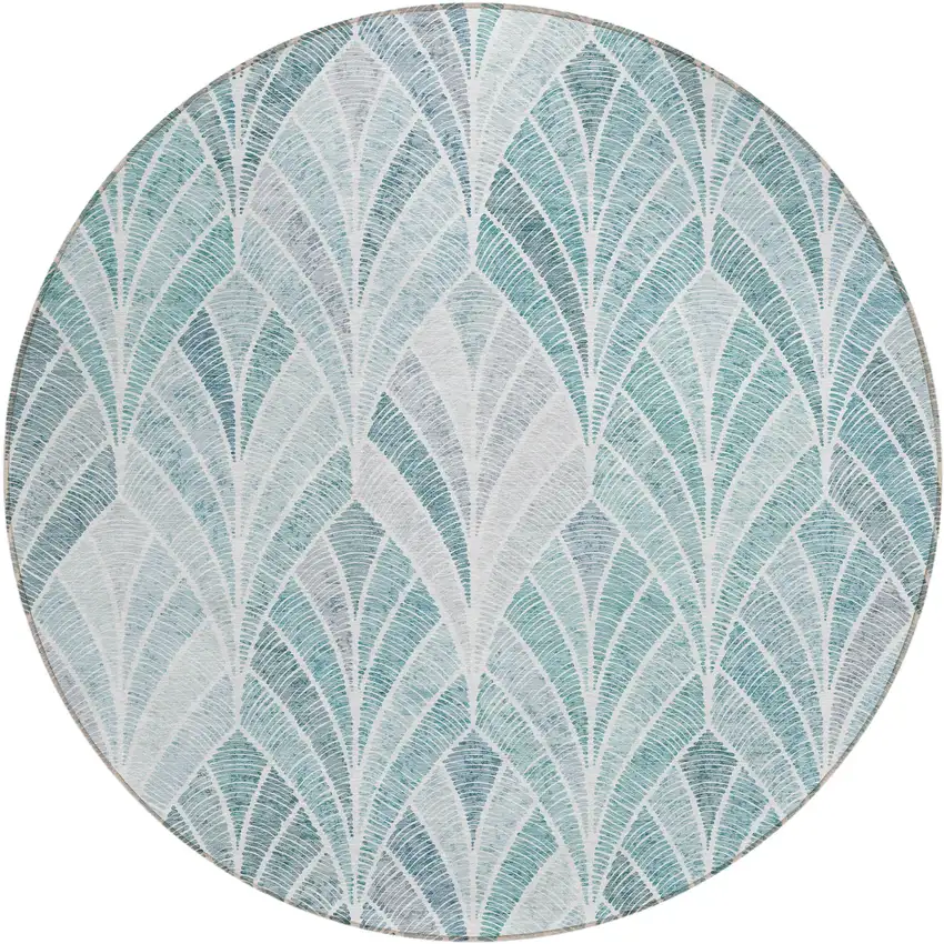8' Aqua Mint Green And Silver Round Geometric Washable Indoor Outdoor Area Rug Photo 2