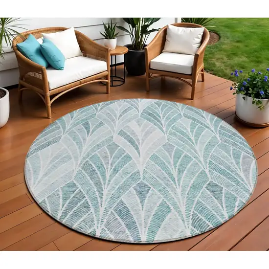 8' Aqua Mint Green And Silver Round Geometric Washable Indoor Outdoor Area Rug Photo 1
