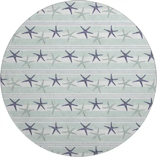 8' Aqua Navy Blue And Ivory Geometric Washable Round Rug With UV Protection Photo 1