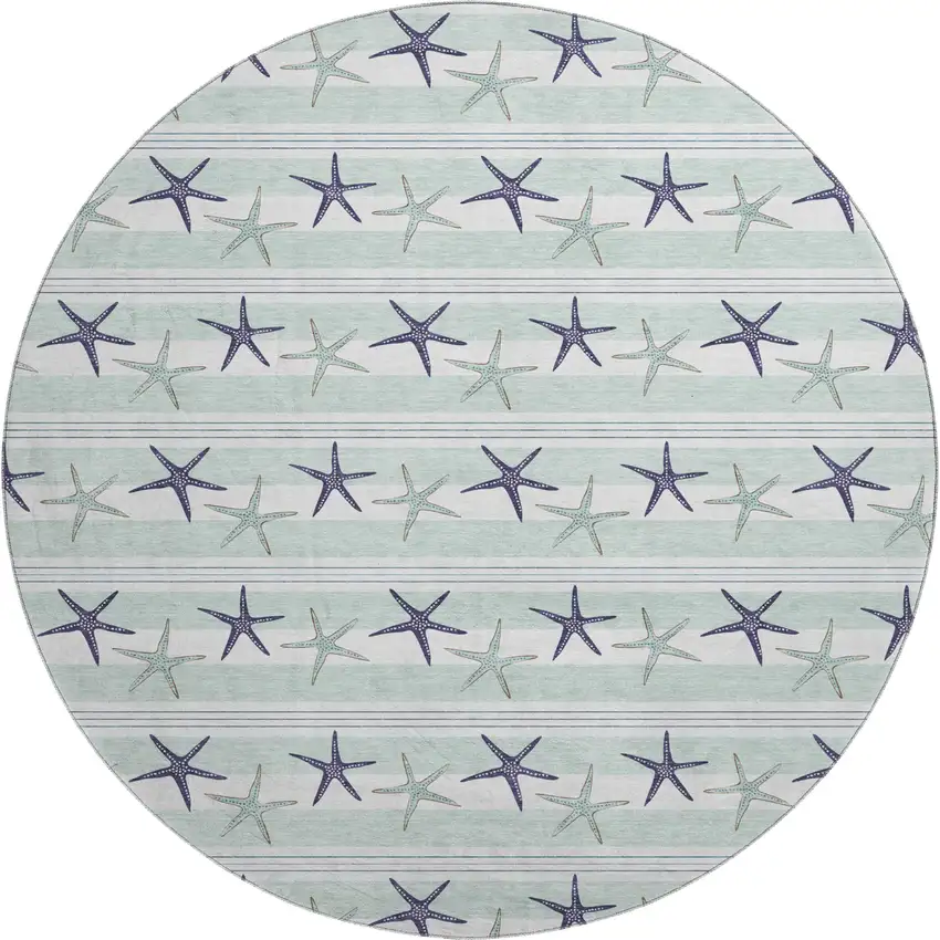 8' Aqua Navy Blue And Ivory Geometric Washable Round Rug With UV Protection Photo 1