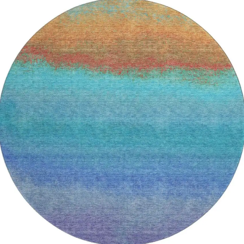 8' Aqua Orange And Copper Ombre Washable Round Rug With UV Protection Photo 4