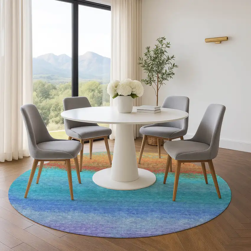 8' Aqua Orange And Copper Ombre Washable Round Rug With UV Protection Photo 5