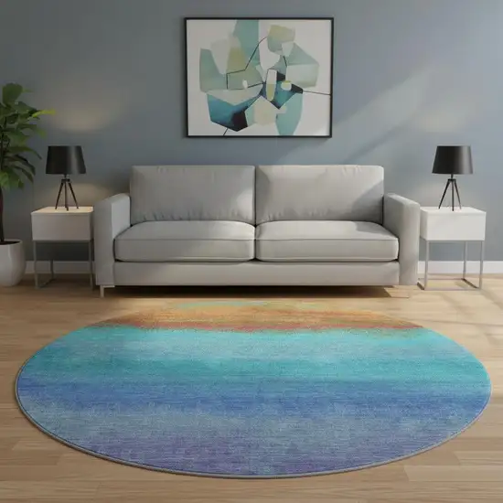 8' Aqua Orange And Copper Ombre Washable Round Rug With UV Protection Photo 2