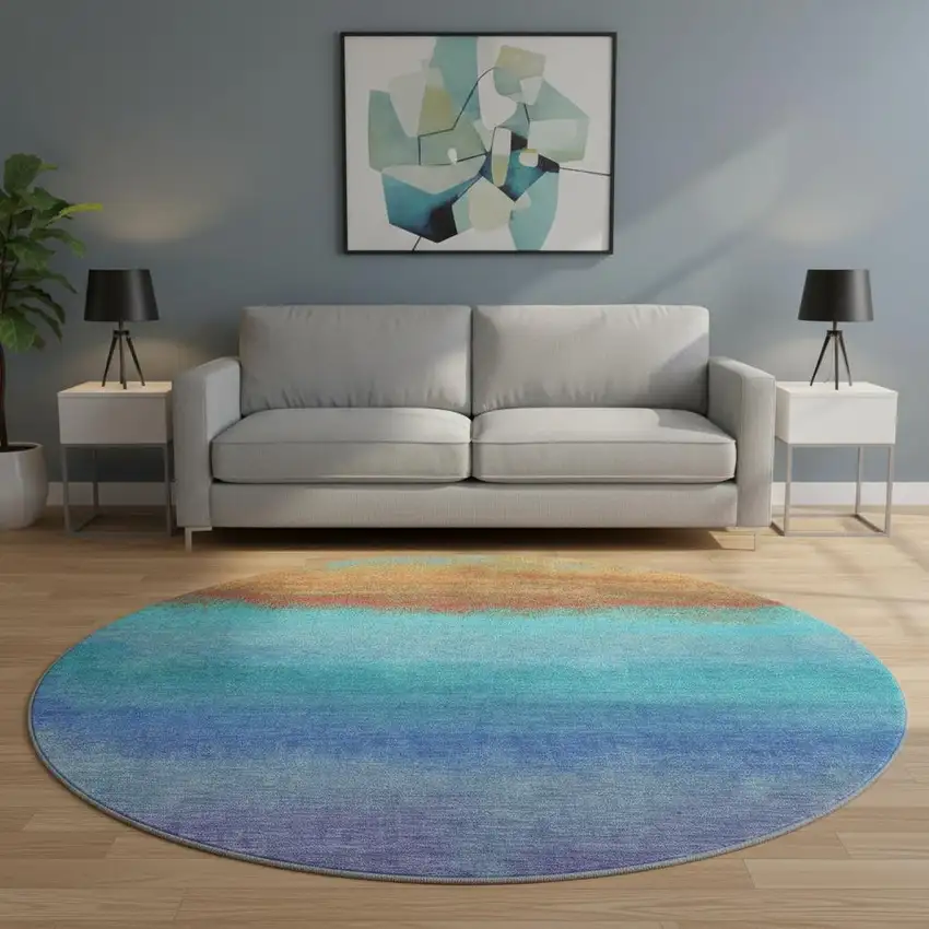 8' Aqua Orange And Copper Ombre Washable Round Rug With UV Protection Photo 2
