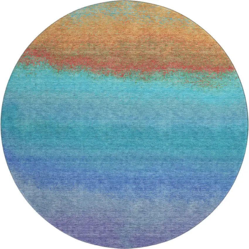 8' Aqua Orange And Copper Ombre Washable Round Rug With UV Protection Photo 1